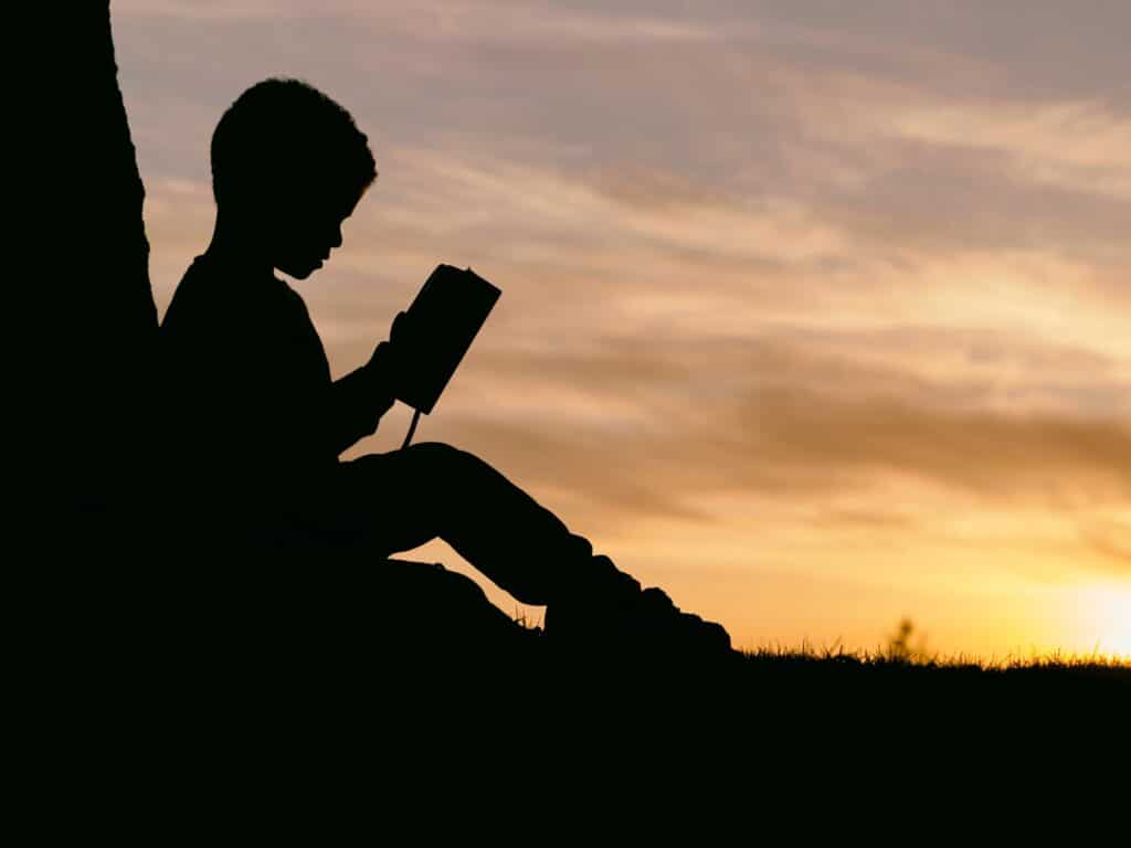 夕日と子供と読書